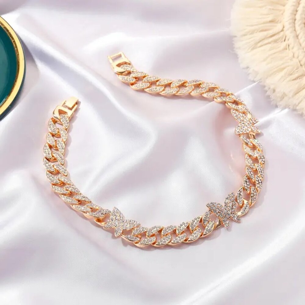 Iced Cuban Rhinestone Chain Link & Butterfly Gold Tone Necklace 15”